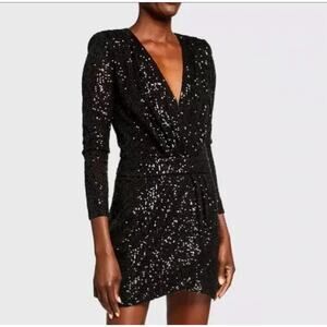 Ramy Brook Black Becky Sequin Faux Wrap Deep V Party Dress Sz 2